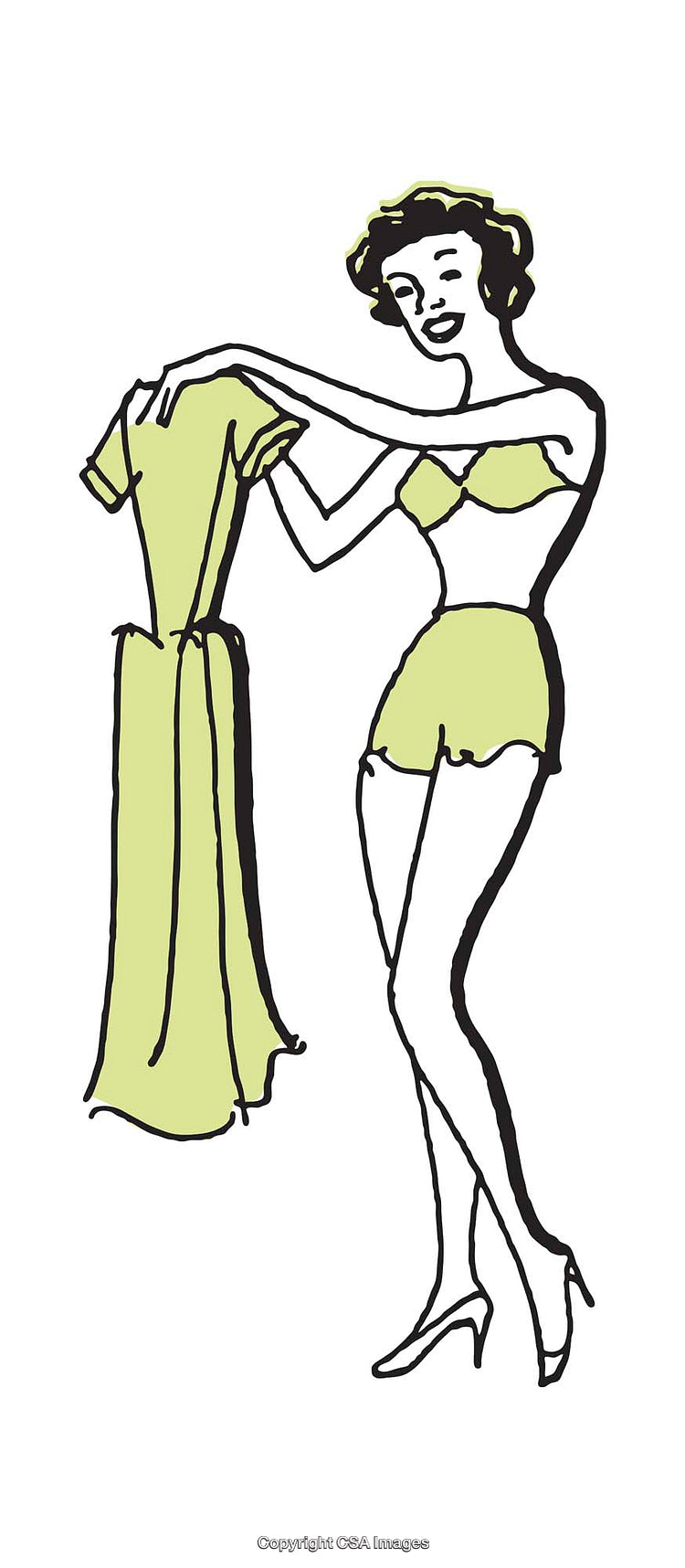 Retro Illustration of a Woman Holding Green Dress Fashion Sketch
