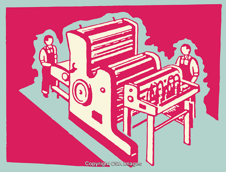 Colorful Illustration of Industrial Printing Machine with Workers