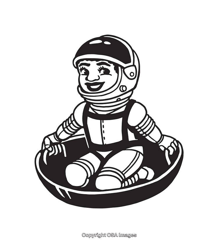 Child Astronaut Sitting in a Space Pod, Black and White Illustration