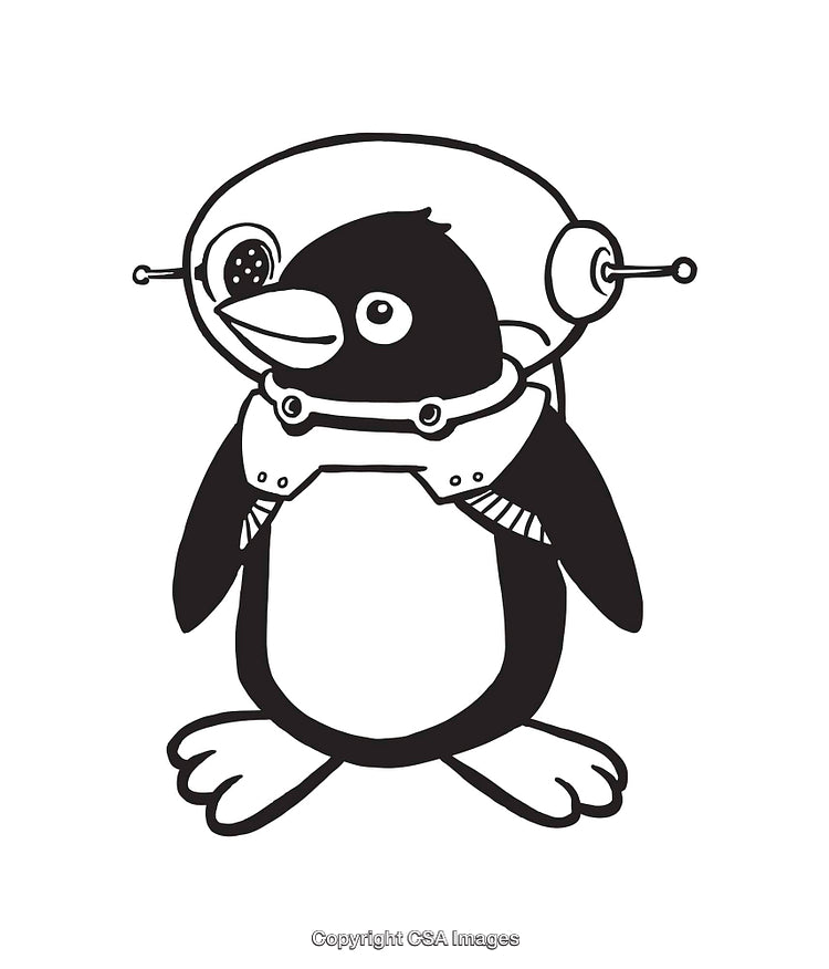 Space Penguin Wearing a Futuristic Helmet in Black and White Line Art