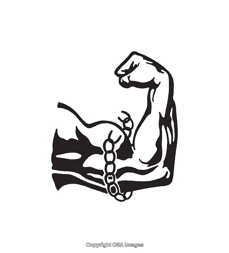 Black and White Illustration of a Flexing Arm with Broken Chains