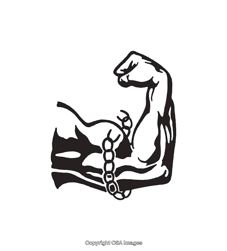 Black and White Illustration of a Flexing Arm with Broken Chains