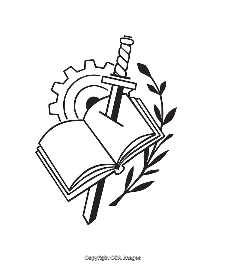 Stylized Crest Featuring Sword, Book, Gear, and Branch in Line Art