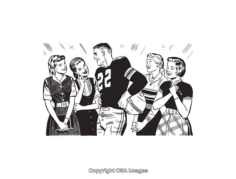 Vintage Line Art of a Football Player Interacting With Ladies