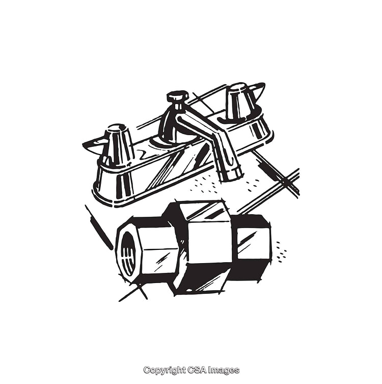 Black and White Line Art of Faucet and Plumbing Parts
