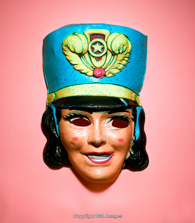 Vintage Female Mask with Decorative Hat on Pink Background