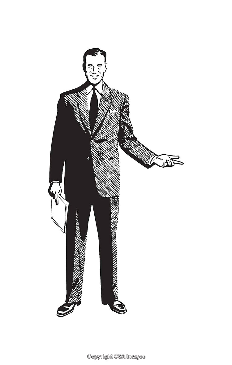 Vintage Businessman Line Art Illustration Pointing Confidently