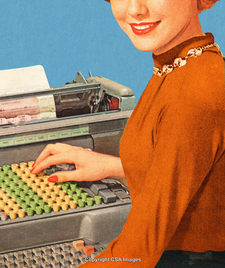 Retro Image of Woman at Accounting Machine in Vibrant Colors and Printing Style