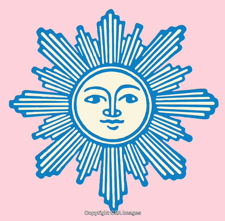 Blue Decorative Sun Illustration on Pink Background with Intricate Line Art