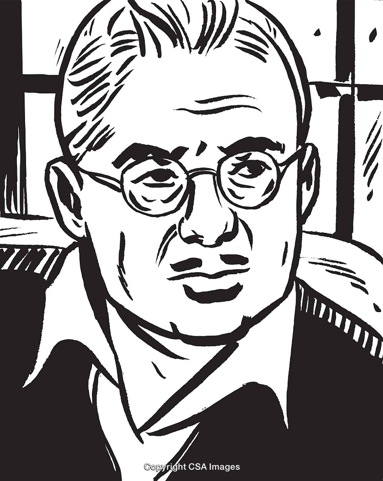 Black and White Illustration of a Thoughtful Man Wearing Glasses