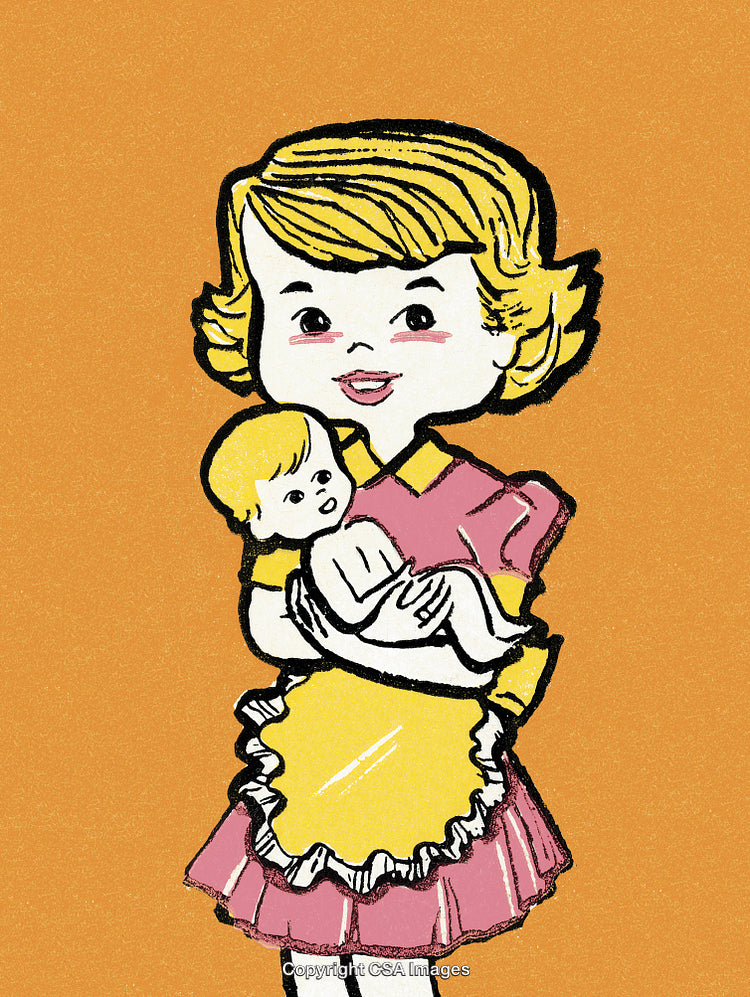 Vintage Illustration of a Girl Holding a Baby Doll on an Orange Background