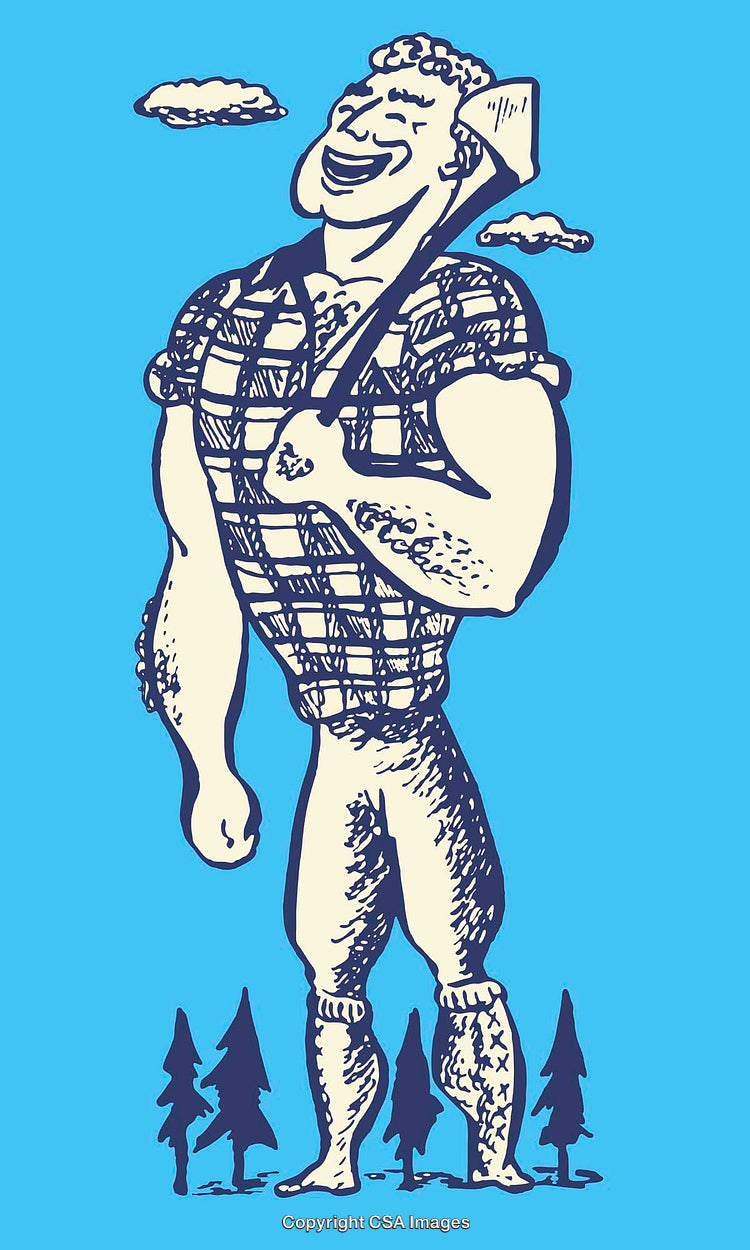 Smiling Lumberjack Holding Axe in Nature with Clear Sky Background