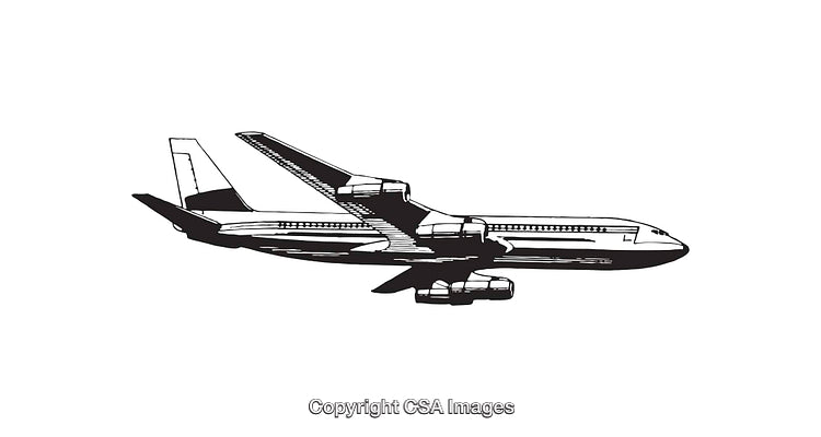 Black and White Line Art of a Commercial Airplane in Flight