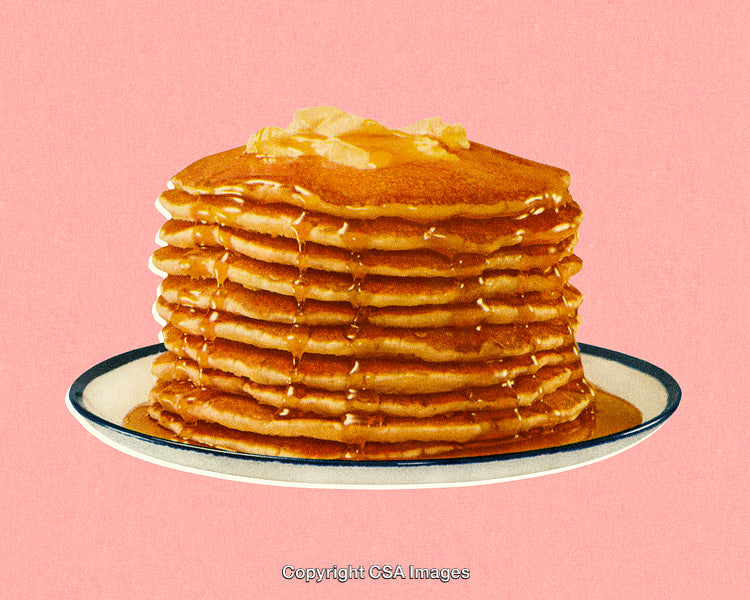 Tall Stack of Pancakes with Golden Syrup on Pink Background