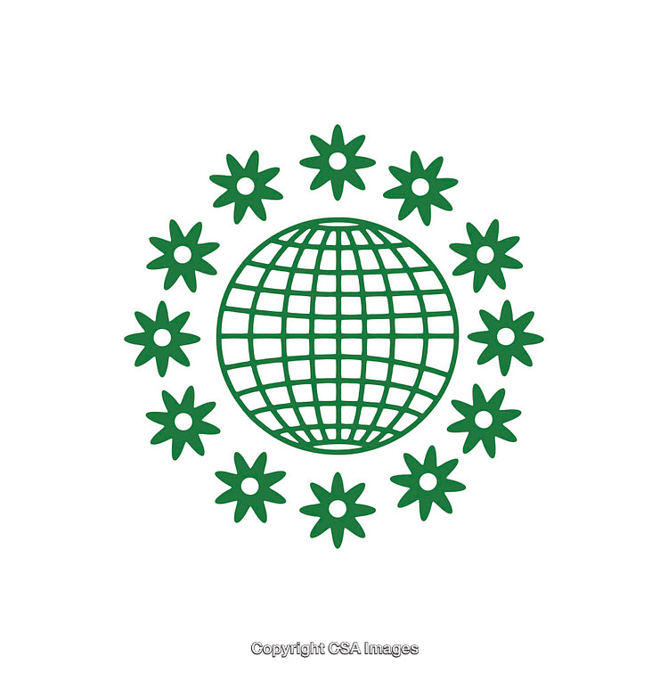 Green Globe Icon Surrounded by Circular Floral Pattern on White Background