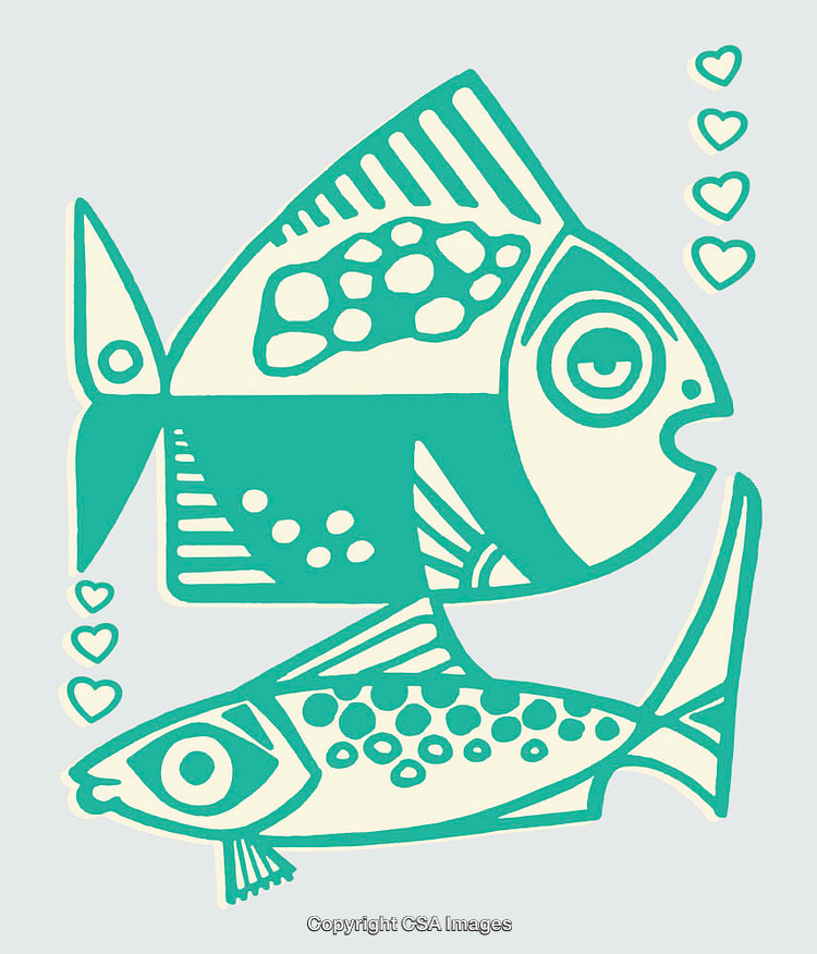 Playful Line Art Illustration Featuring Two Vibrant Fish and Hearts