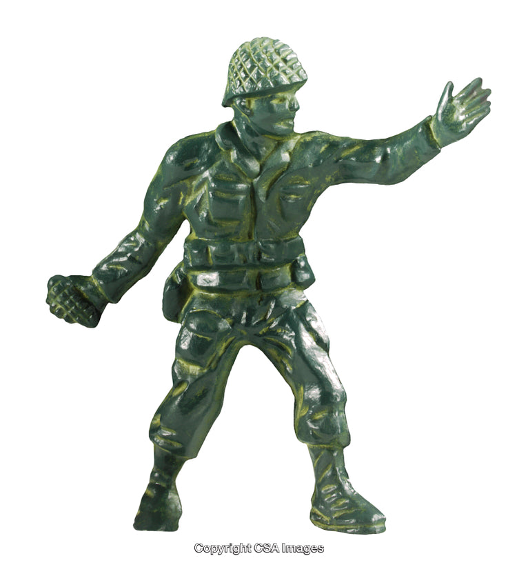 Green Plastic Toy Soldier in Throwing Motion Isolated on White Background