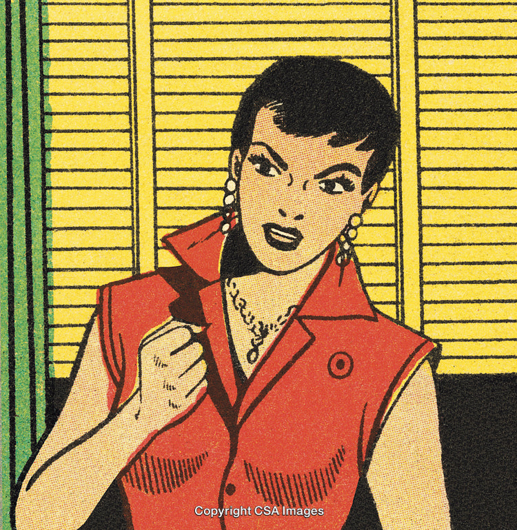 Vintage Comic Style Woman in Red Shirt with Determined Expression