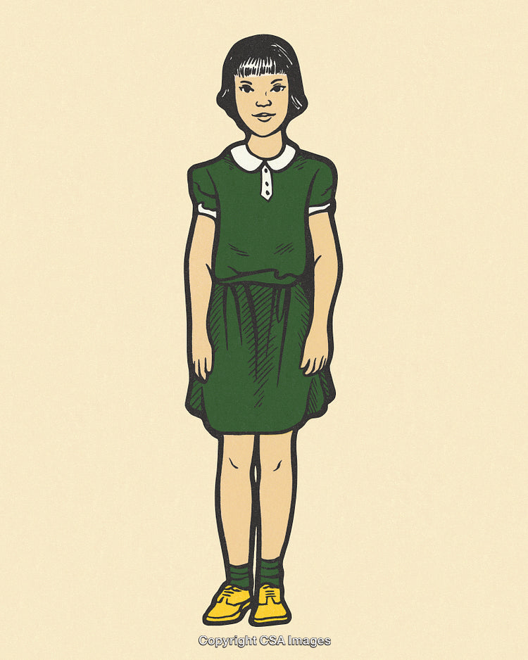 Illustration of a Girl in Green Dress and Yellow Shoes Standing Calmly