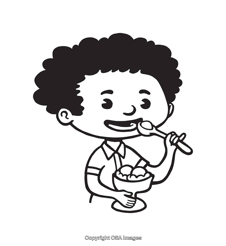 Illustration of a Happy Child Eating Ice Cream with a Spoon
