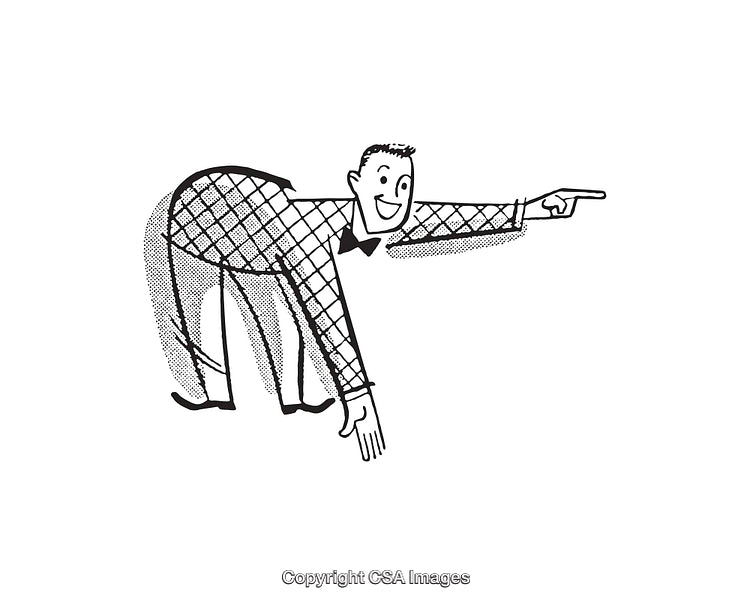 Black and White Retro Illustration of a Playful Character Pointing