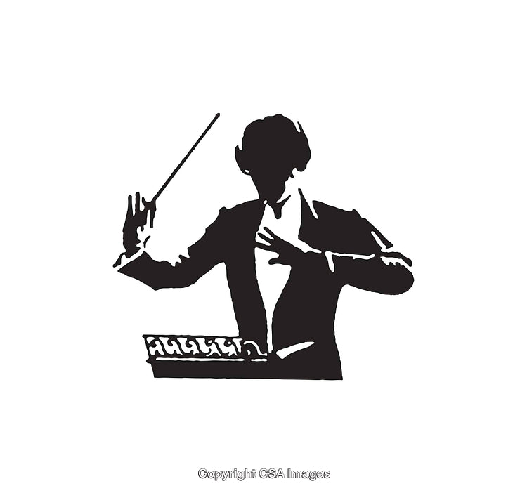 Black and White Line Art of a Conductor Leading an Orchestra