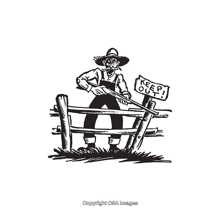 Rustic Farmer at Fence With Keep Out Sign in Black and White Art