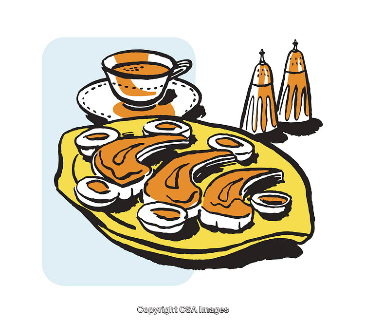 Colorful Illustration of a Breakfast Setting with Eggs and Tea