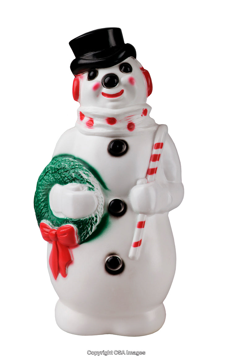 Festive Snowman Figurine Holding Wreath and Candy Cane with Holiday Spirit