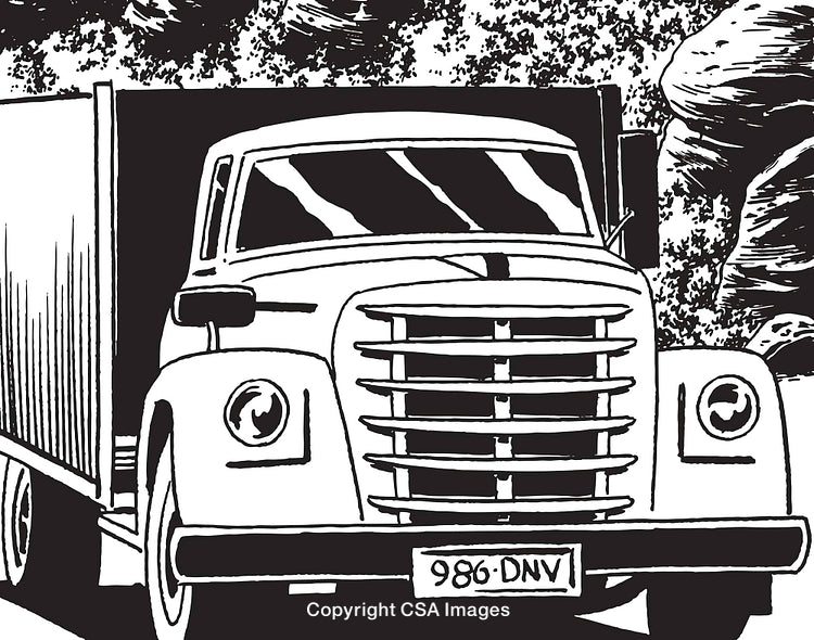 Black and White Illustration of a Vintage Truck on a Rustic Road