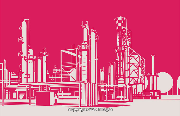 Industrial Refinery in Bold Line Art with Vibrant Red Background