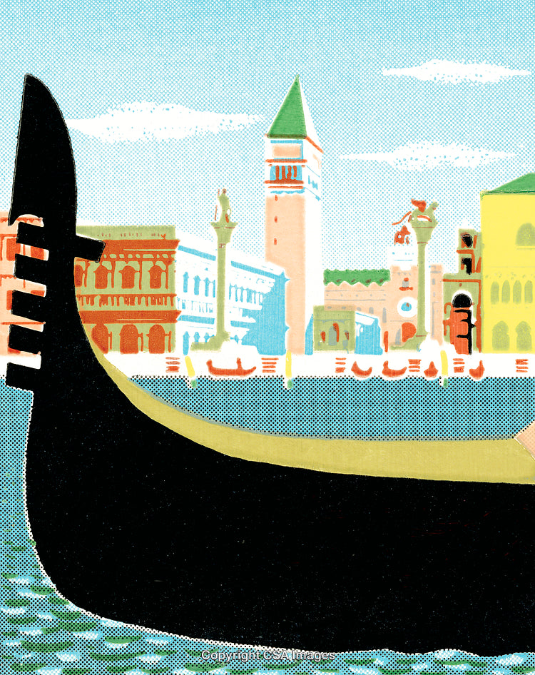Illustrated Scene of a Gondola in Venice with Colorful Architecture