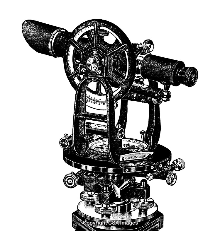 Vintage Black and White Engraving of a Surveying Instrument