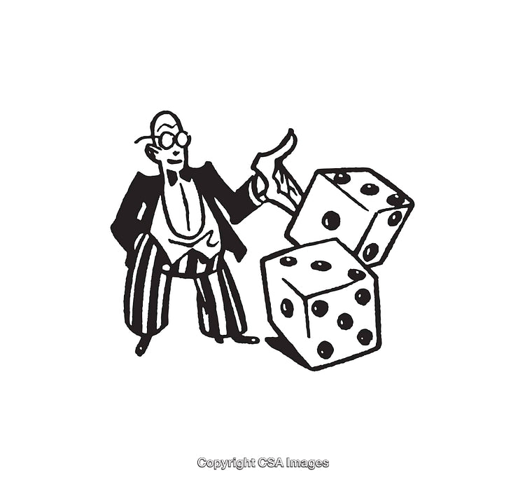 Vintage Line Art of a Man with Dice in Black and White