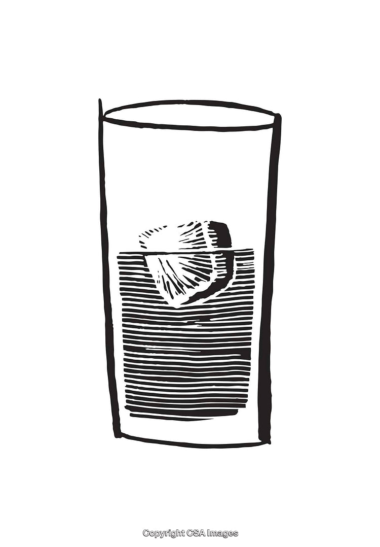Black and White Line Art of Drink with Ice and Slice of Lemon