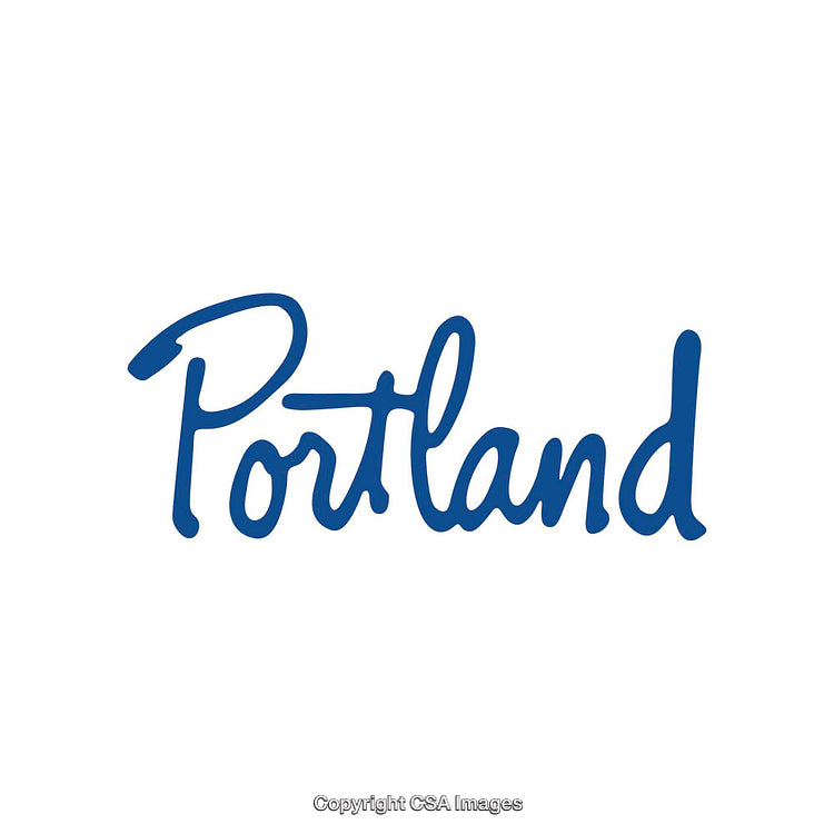 Stylized Calligraphy of Portland in Blue Serif Font on White Background