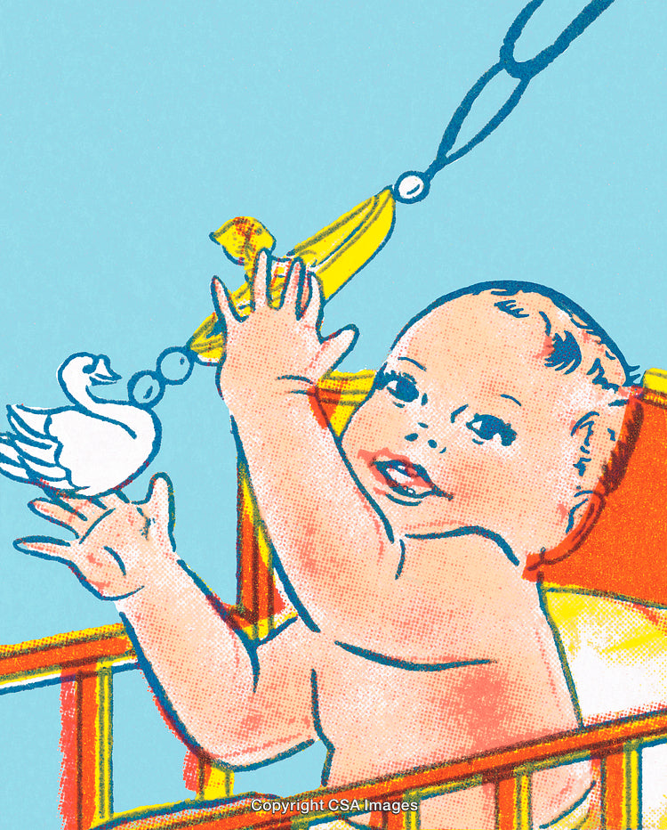 Vintage Illustrated Baby Playing With Mobile in Crib