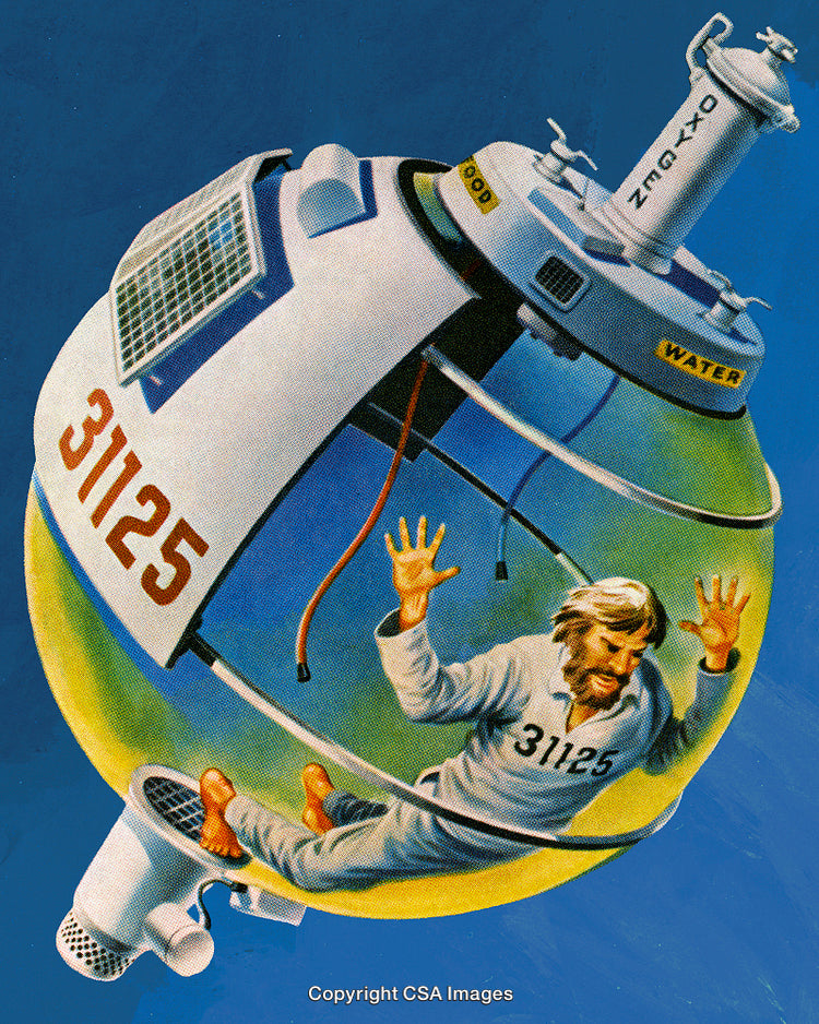 Surreal Space Pod Illustration Featuring a Man in a Miniature Capsule