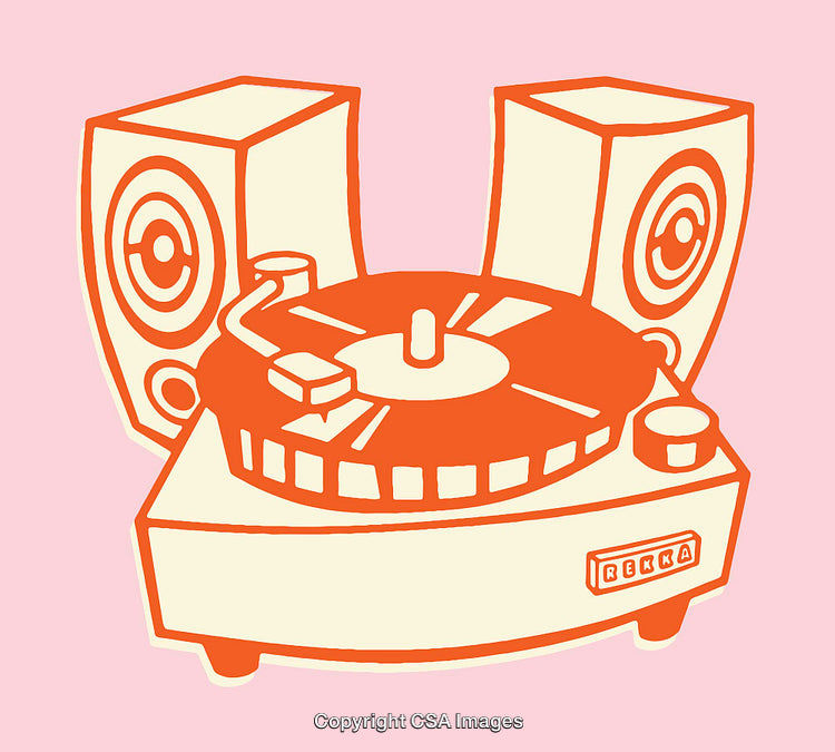 Vintage Stylized Record Player with Speakers in Flat Art Design