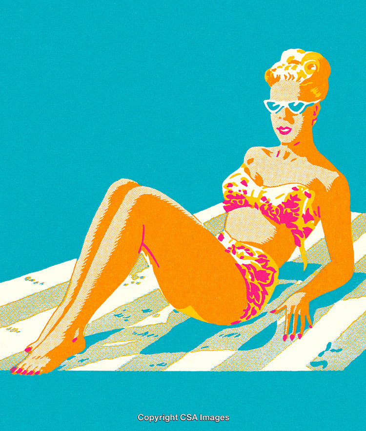Retro Pop Art Woman Relaxing in Bikini on Striped Beach Towel