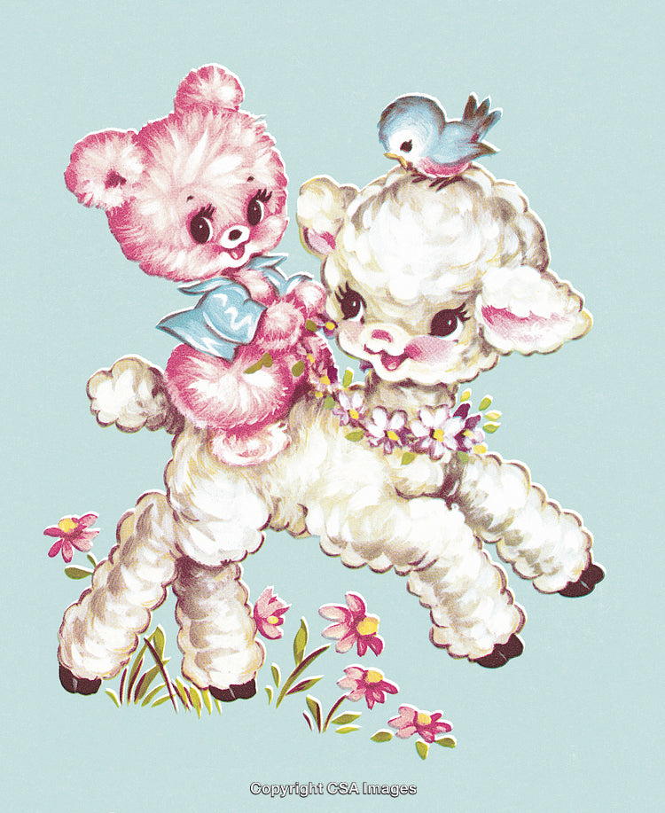 Adorable Vintage Illustration of Playful Lamb, Teddy Bear, and Bluebird Delighting Together