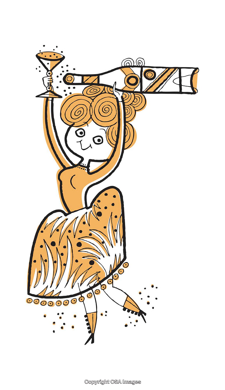 Whimsical Illustration of a Celebrating Woman Holding a Cocktail and Bottle