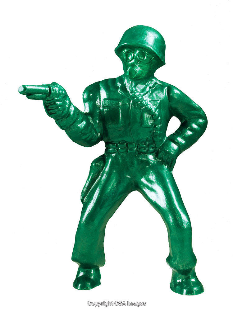 Green Plastic Toy Soldier Holding a Gun in a Dramatic Pose