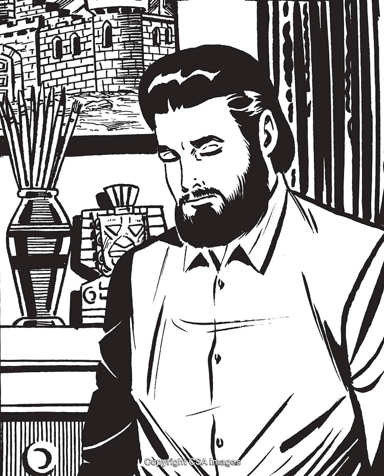 Detailed Black and White Illustration Featuring a Bearded Man in a Room Setting
