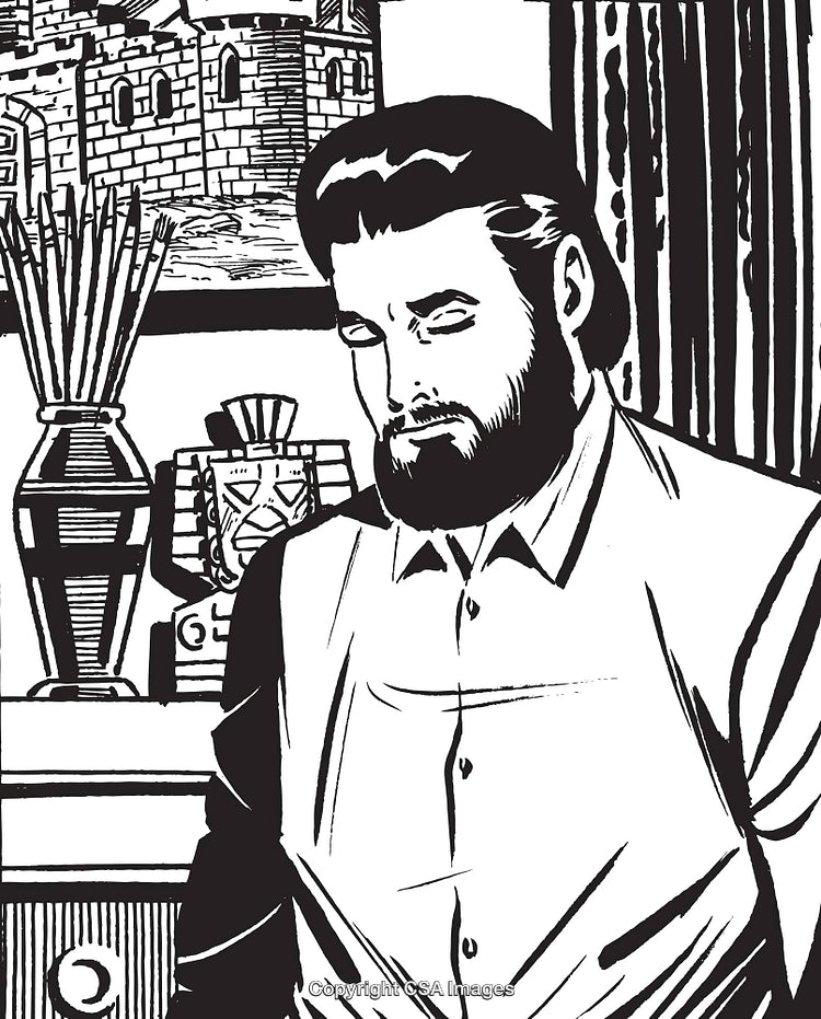 Detailed Black and White Illustration Featuring a Bearded Man in a Room Setting
