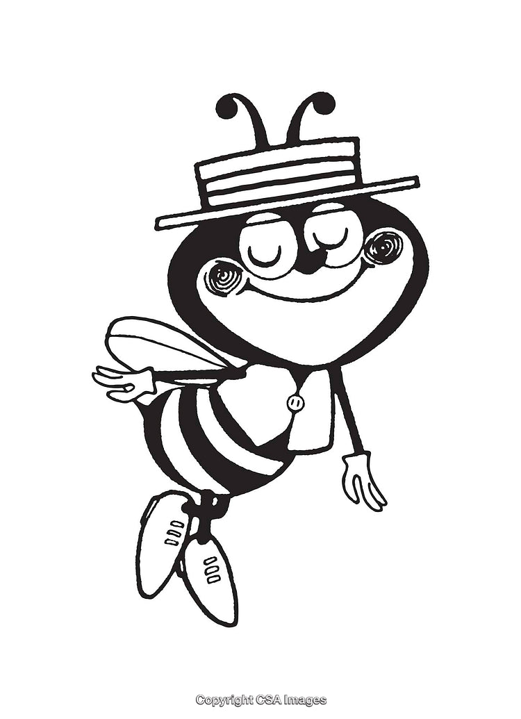 Whimsical Line Art of a Bee Character Wearing a Straw Hat and Smiling