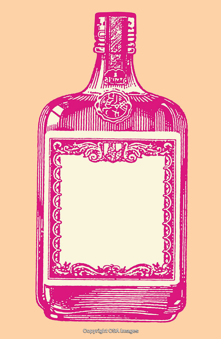Vintage Pink Illustrated Bottle with Ornate Details on Pastel Background