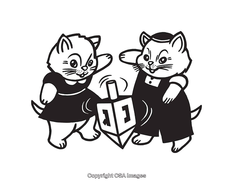 Cute Illustrations of Cats Playing Dreidel in Line Art Style