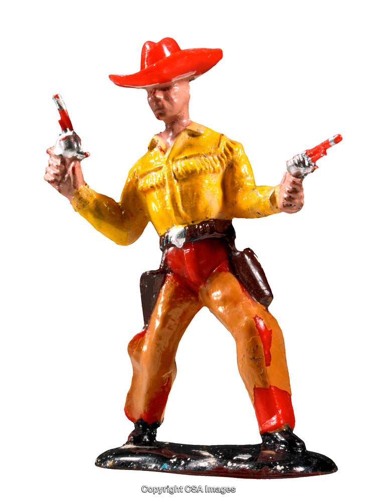 Colorful Cowboy Figurine Holding Pistols in Western Attire Isolated on White