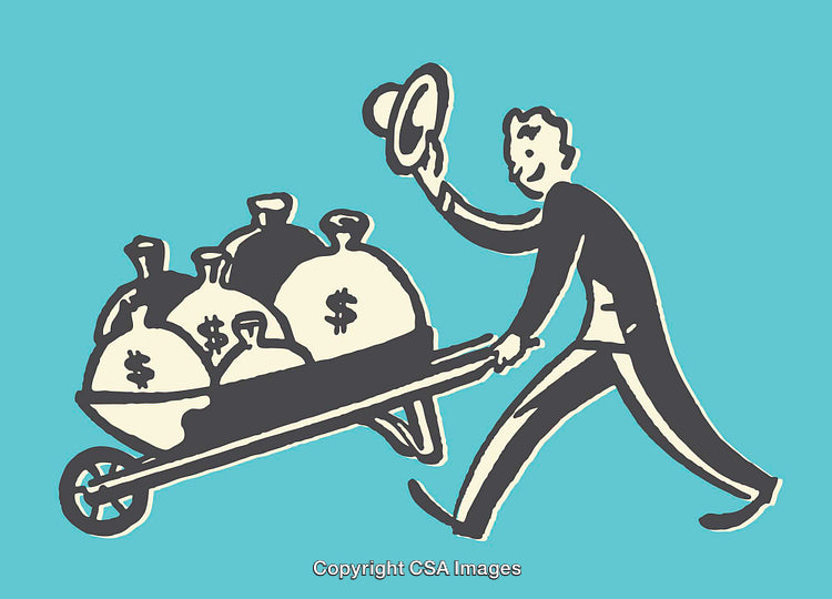 Cartoon Illustration of a Man Pushing Wheelbarrow with Money Bags